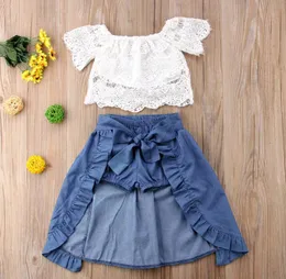 Conjunto de roupas infantis para meninas, roupas de verão para bebês com ombro de fora, manga curta, tops de renda + shorts + saias longas com babados, 2024