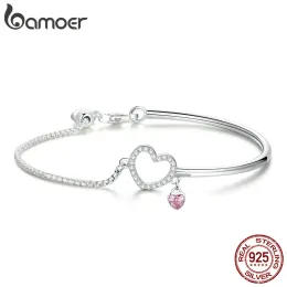 Bangles BAMOER Romantic New 100% 925 Sterling Silver Heart Pink CZ Chain Link Bangles Bracelets for Women Sterling Silver Jewelry SCB117