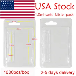 USA Stock Zerstäuber Paket Fall 1 ml 0,8 ml Vape Patronen Blisterpackung Hüllen Verpackung Klarer PVC-Aufhänger Kunststoff Clam-Shell-Hüllen E-Zigaretten 1000 Stück Box