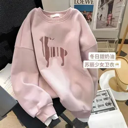 Women's Hoodies The Thickened Pullover Pink Sweatshirt Autumn And Winter Loose Maillard Foreign Age Reducing Round Neck Jacket
