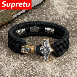 Bracelets Norse Runes Viking Thor's Hammer Survival Bracelets Men Stainless Steel Outdoor Camping Wristband Handmade Braided Charm Jewelry