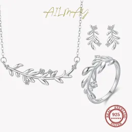 مجموعات Ailmay real 925 sterling الفضة الأزياء ورقة أوراق الأوراق الأوراق مجوهرات مسمار مجموعة للنساء الإكسسوارات الحزب المجوهرات