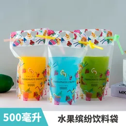 1000 x 명확한 과일 스타일 음료 파우치 빨대를 띠는 지퍼 스탠드 업 플라스틱 파우치 가방 500ml 핸드 홀드 반투명 일회용 음료 용기