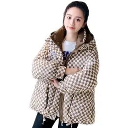 Parkas 2023 New Women's Winter Coat Parkers Fashion Checkerboard Down Padded Jacket Short Loose Keep Warm Hooded Overcoat Female