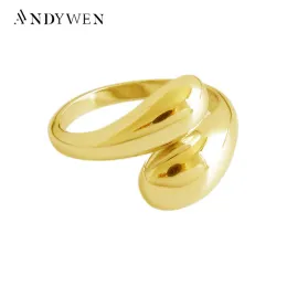 반지 Andywen 925 Sterling Silver 2020 Gold Gold Geometric Resizable Rings 럭셔리 조절 가능한 록 펑크 두꺼운 큰 보석 여성 선물