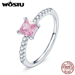 Anéis WOSTU 925 Sterling Silver Sakurapink Halo anel brilhando quadrado zircão anel de dedo para mulheres elegantes jóias de prata CTR191