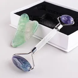 Jade Roller and Gua Sha Set Natural Purple Or Green Fluorite Stone Guasha Scraping Board Face Roller Beauty Skincare Massager