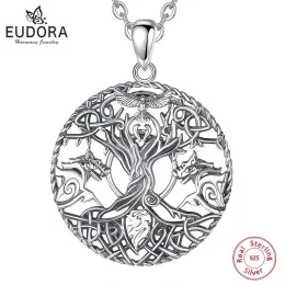 المعلقات Eudora 925 Sterling Silver Viking Raven Wolf Necklace Celtic Knot Tree of Life Amulet Pendant Presentant Jewelry Gift for Man