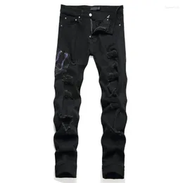Herr jeans män orm broderi streetwear svart stretch denim byxor hål rippade nödställda smala raka byxor