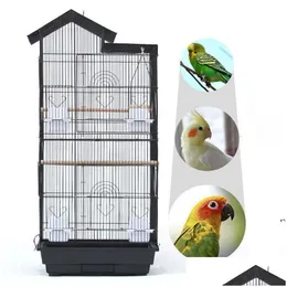 Vogelkäfige, großer Käfig, 39-Zoll-Dachspitze, Stahldraht, Kunststoff-Futterspender, Papagei, Sonnensittich, Grünwangenfink, Kanarienvogel, Schwarz-Weiß-Tropfen, Deli Dhzrd