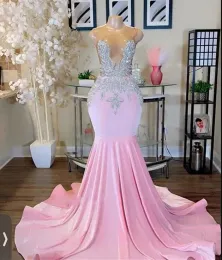 Mermaid Long Pink Dresses 2024 Sparkly Beaded Diamond Rhinestones Evening Gown Black Girl Prom Gala Gowns Robes s
