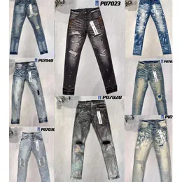 بنطلون جينز أرجواني للرجال PL8821587 ممزق راكب الدراجة النارية Slim Straight Skinny Pants Designer True Stack Fashion Jeans Trend Trend Vintage Pant Purple Brand Jens