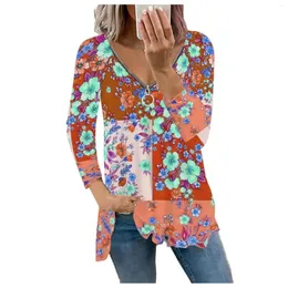 Camisas femininas moda casual zíper com decote em v floral impressão manga longa camiseta topo camisas mujer das mulheres topos e blusas