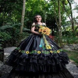 Wunderschöne schwarze Quinceanera-Kleider mit Stickerei, mexikanisch, schulterfrei, abgestufte Organza-Sonnenblume, süßer 16. Geburtstag, 16