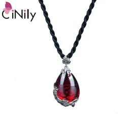 Collane CiNily Grandi collane in pietra naturale Pendenti in argento massiccio placcato ovale rosso granato filo nero Gioielli vintage da donna