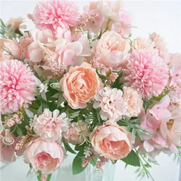 Buquê de flores de hortênsia peônia de seda, 7 garfos, cravos de plástico realistas artificiais, peônias, festa de casamento, decoração de jardim doméstico