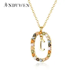 목걸이 Andywen 925 Sterling Silver Gold 초기 C 알파벳 문자 E F R Pendant Long Chain Necklace 2021 여성 Rainbow CZ Jewelry