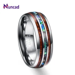 バンドNuncad New 8mm Hawaiian Koa Wood and Abalone Shell Tungsten Carbide Ring