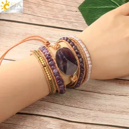 الأساور CSJA Crystal Wrap Bracelets Natural Gem Stone Smethysts 6mm Burple Beaded Leather Bracelet Trendy Mujer Mujer Pulseras S721