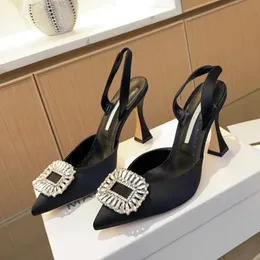 Rear sling High-heeled dress shoe pumps women's sandals silk fabric Rhinestone decoration pointed toes evening shoes Luxury designers high shoes factory