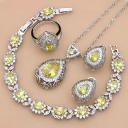 Uppsättningar november Birthstone Yellow Topaz Silver 925 smycken Set Women Costume Western Teardrop Earring Halsband Set gåva till henne