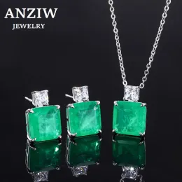 Sets Anziw Vintage Simulated Emerald Square Stud Earrings 10*10mm Gemstone Pendant Necklace Silver 925 Sterling Women's Jewelry Gift