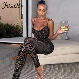 Jusahy Leopard Print Flocking Jumpsuit for Women Fashion Tleevevele Bez pleców bez pleców, swobodne stroje z wysokiej strefii 240219