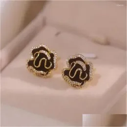 Brincos de garanhão moda camélia rosa gotas de óleo pequena luz luxo elegante preto simples jóias femininas entrega gota otrdx