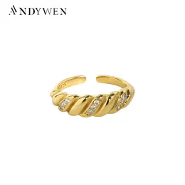 Ringe ANDYWEN 925 Sterling Silber Gold Klar Zirkon Twist Resizable Unregelmäßige Geometrische Resizable Ringe Frauen Rock Punk Luxus Schmuck