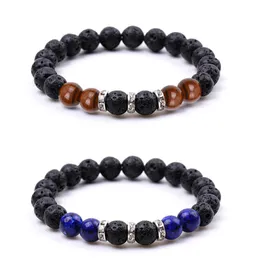 8MM Black Lava Colored Blue Stone Bracelet Tiger eye Beaded Couple Bracelet for Women Men Bulk