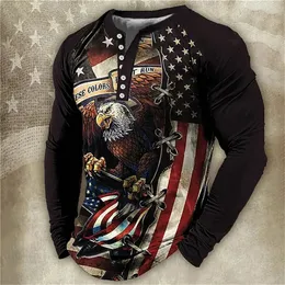 Animal Eagle T Shirt American Flag Print Tshirt Men Fashion Vneck Long Sleeve Autumn Camisetas Button Up Tees 240219