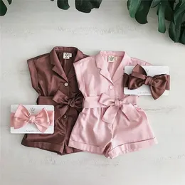 16Y Baby Girls Clothes Sleeveless Turndown Collar OnePieces Romper Solid Color Jumpsuit Overalls Children Clothing 240220