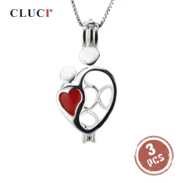 Pendants CLUCI 3pcs Love Heart Shaped Silver 925 Charms Pendant Women Jewelry Kid and Mom Silver 925 Pearl Locket Pendant SC213SB