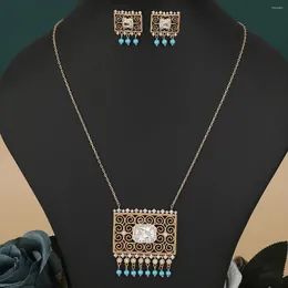 Collana Orecchini Set Donna Moda Oro Orecchino lungo Forma quadrata Stile arabo Zircone Scava fuori Nappa Design Gioielli per festa di nozze