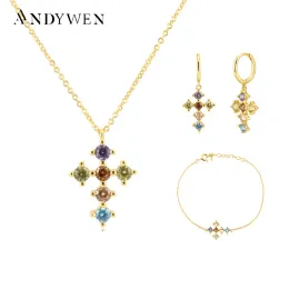세트 Andywen 925 Sterling Silver Gold Rainbow Cross Zircon CZ Hoops Pendiente Piercing Ohrringe Bracelet Necklace Jewelry Set Luxury