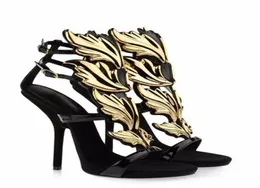 Kardashian lüks kadınlar süet zalim yaz pompaları cilalı altın metal yaprağı kanatlı gladyatör sandaletler yüksek topuklu ayakkabılar orijinal ile 4939879