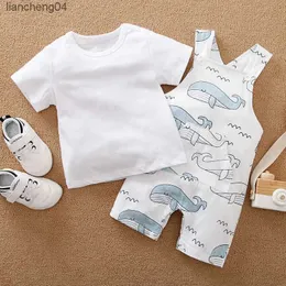 Set di abbigliamento Estate Ragazzi e ragazze Simpatico cartone animato Stampa balena Cotone Confortevole T-shirt a maniche corte per bambino + Set di pantaloni con cinturino in due pezzi