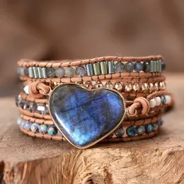 Bracelets Heart Shape Sparkling Moon Stones Five Strands Wrap Bracelets Handmade Braided Crystals Beaded Leather Bangles