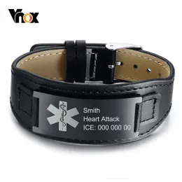 Bracelets VNOX Nome de gravura livre Doença ICE Informações de alerta médico Id Id Real Leather Bracelets for Men 6.69 "8.66" Comprimento ajustável