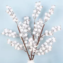 Flores decorativas diy para o ano de natal artificial 5 garfos branco floral arte berry hastes ramos neve árvore fruta planta