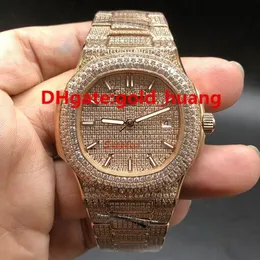 NEU LUXURY 40mm Diamond Mechanical Man Diamond Watch All Diamond Band Automatisch Edelstahl -Herren Uhren Rose Gold245h