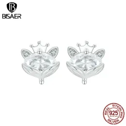 귀걸이 Bisaer 925 Sterling Silver Crowns Fox Stud Earrings Sparkly Zircon Earrings 도금 화이트 골드 ol 여자 Fine Jewelry Gift