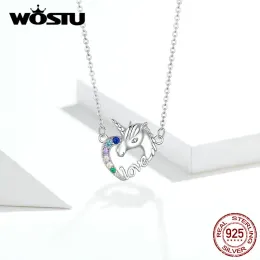 ネックレスWostu Real 925 Sterling Silver Unicorn of Love Necklaces Zircon Pendant Long Chain Link for Women Wedding Fashion Jewelry Fin348