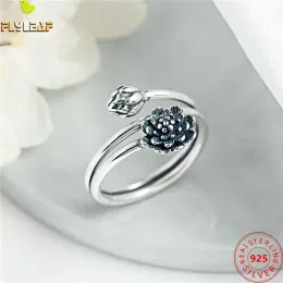 Rings Real 925 Sterling Silver Jewelry Vintage Winding Lotus Flower Open Rings For Women Original Design Femme Popular Accessories