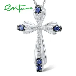 Colares Santuzza Silver Pinging for Women Genuine 925 Sterling Silver Silver Blue Cross Fit para Colar Delicate Fashion Jewerly
