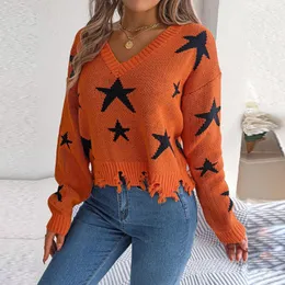 Women's Sweaters FICUSRONG 2024 Women Autumn Winter Casual V Neck Star Cut Long Sleeve Knit Pullover Sweater For Fashion