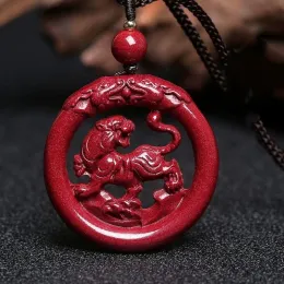 Pendants Cinnabar Jade Double Sided Carved Tiger Dragon Pendant Necklace Jewellery Chinese HandCarved Healing Women Luck Sweater Chain