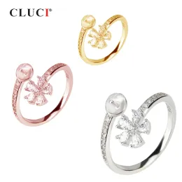 Ringe CLUCI Einfache Silber 925 Blume Perle Ring Montage Offene Frauen Zirkon Hochzeit Verlobungsring Schmuck SR2033SB