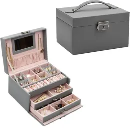 Anéis novo 3 camadas grande caixa de jóias de couro alta capacidade colar brinco anel caixão caixa organizadora de armazenamento de maquiagem presentes para mulheres