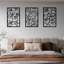 3 peças decoração de parede retangular metal floral linha minimalista planta silhueta estética moderna escultura para sala de estar jardim quarto escritório
